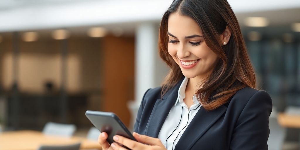 Businesswoman using a smartphone for AI phone service.