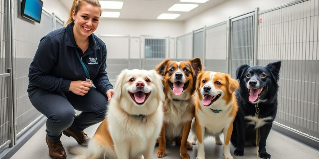 Kennel owner smiling, using a tablet by happy dogs.