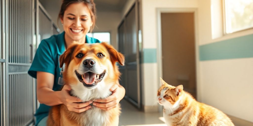 Kennel staff interacting happily with pets.