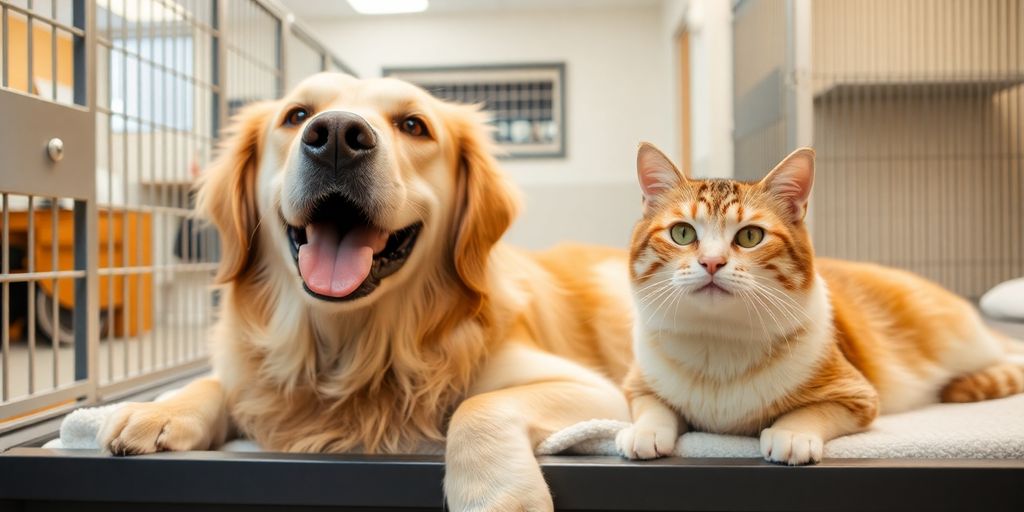 Happy dog and cat at clean, modern kennel.