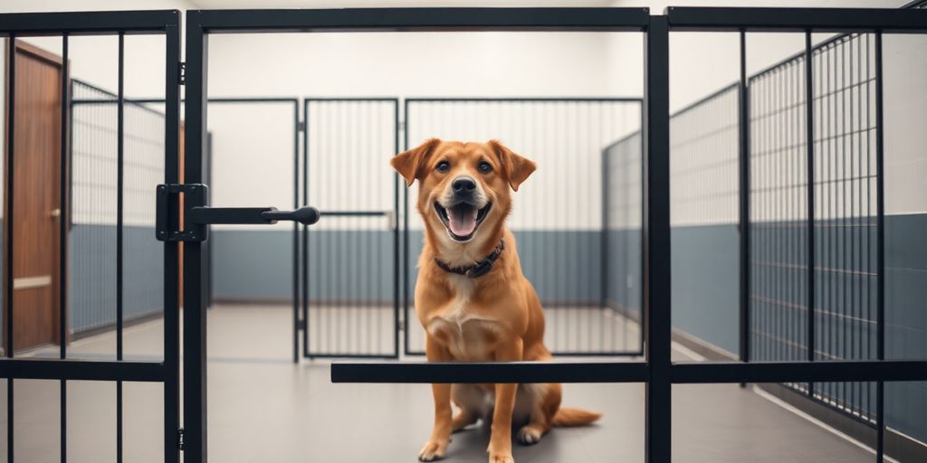 Happy dog at a clean, modern kennel.