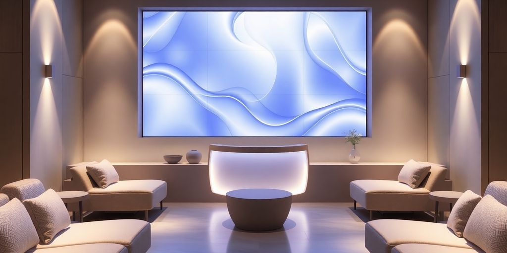 Relaxing spa interior with glowing AI interface.
