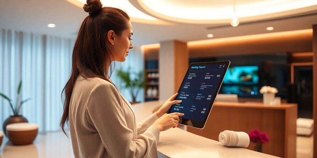 Spa client interacting with AI receptionist interface.