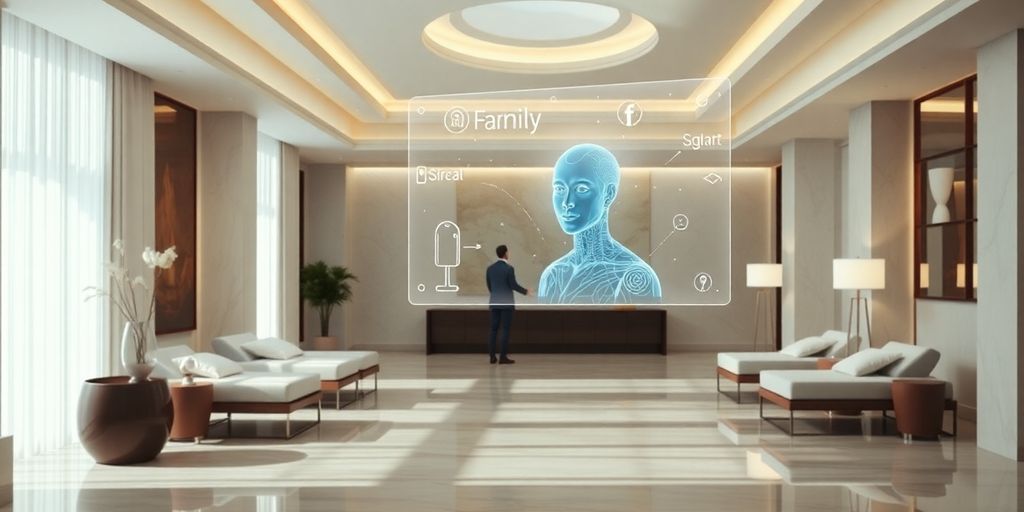 Modern spa reception with virtual assistant.
