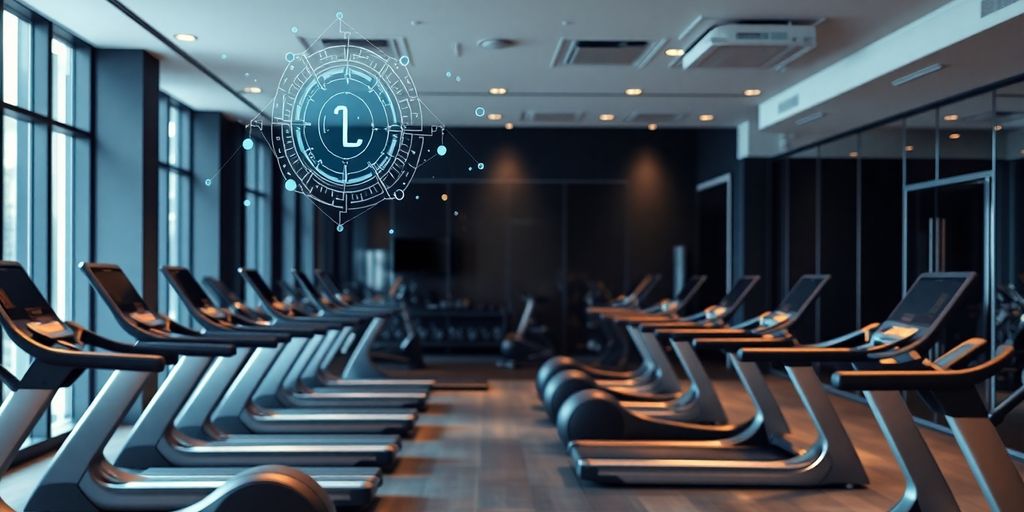 Fitness studio interior with AI interface.