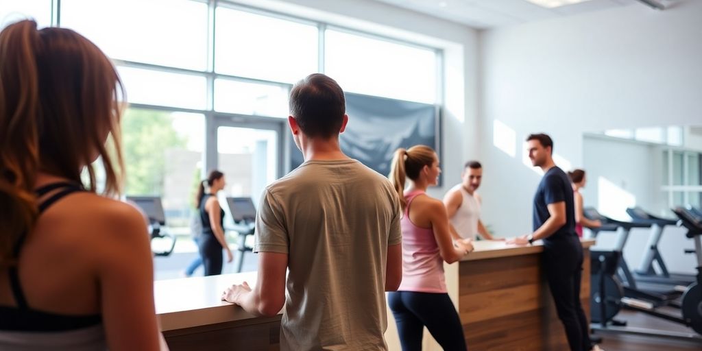 Fitness studio owner happily interacting with clients.