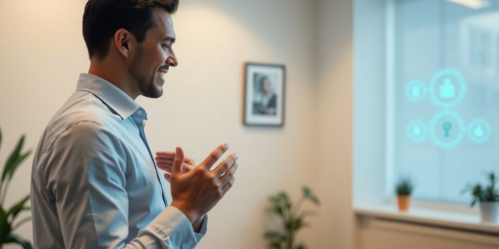 Chiropractor smiling at modern office with AI assistant.