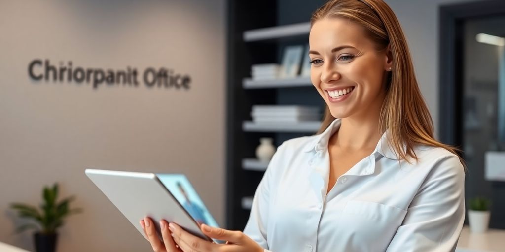 Chiropractor using AI virtual receptionist tablet.