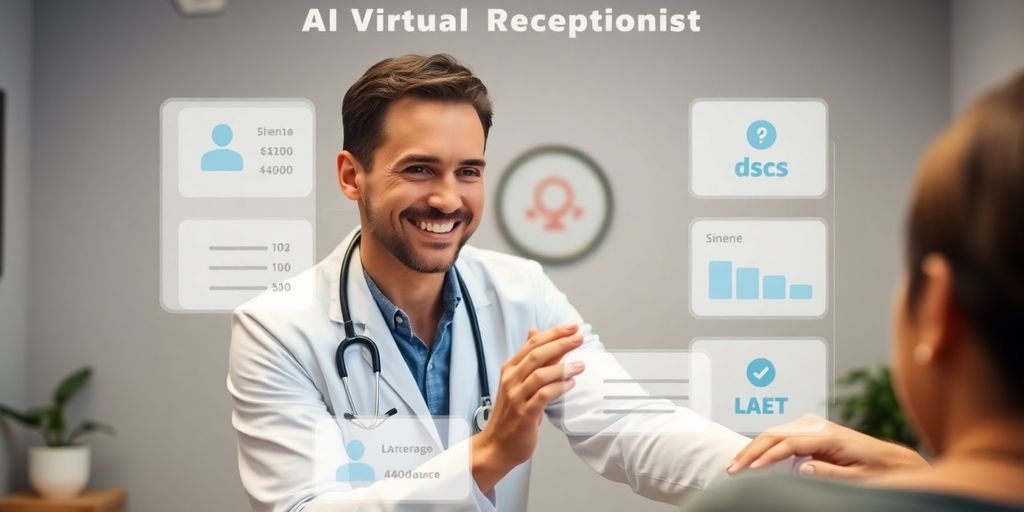 Chiropractor interacting with patient, AI receptionist in background.