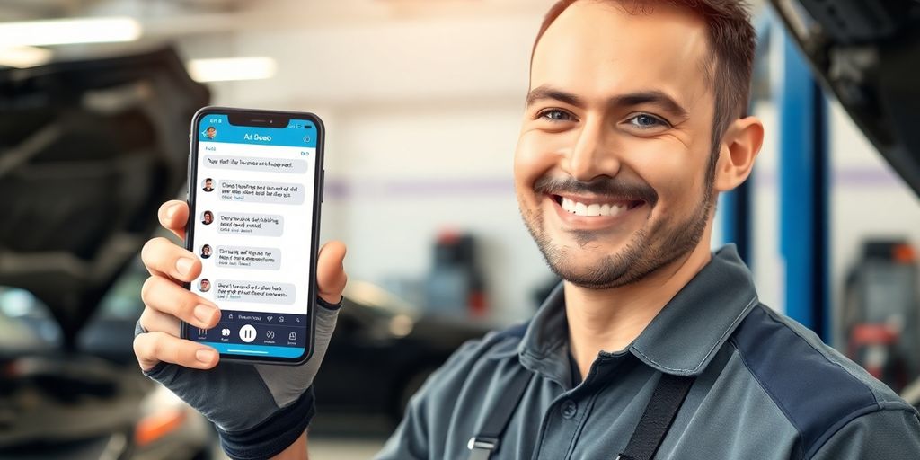 Mechanic using AI answering service on phone.