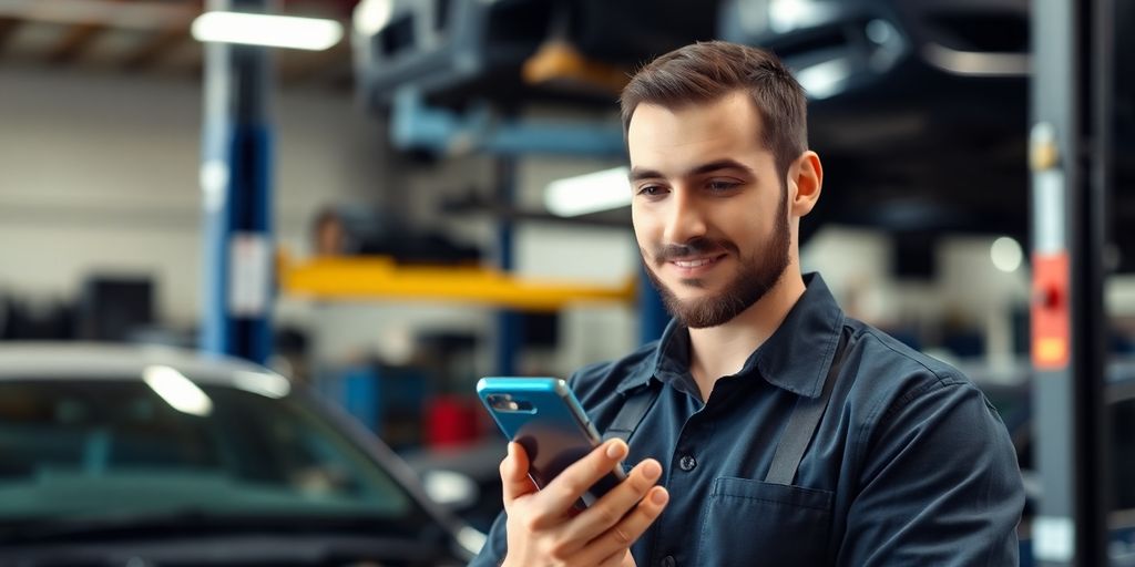 Mechanic talking to AI phone.