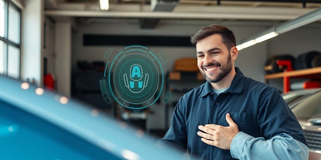 Mechanic using AI phone service for auto repair shop.