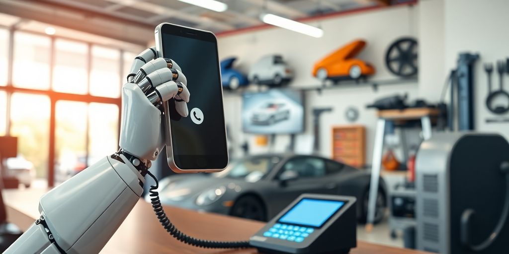 Car and AI bot interacting with a phone call icon.