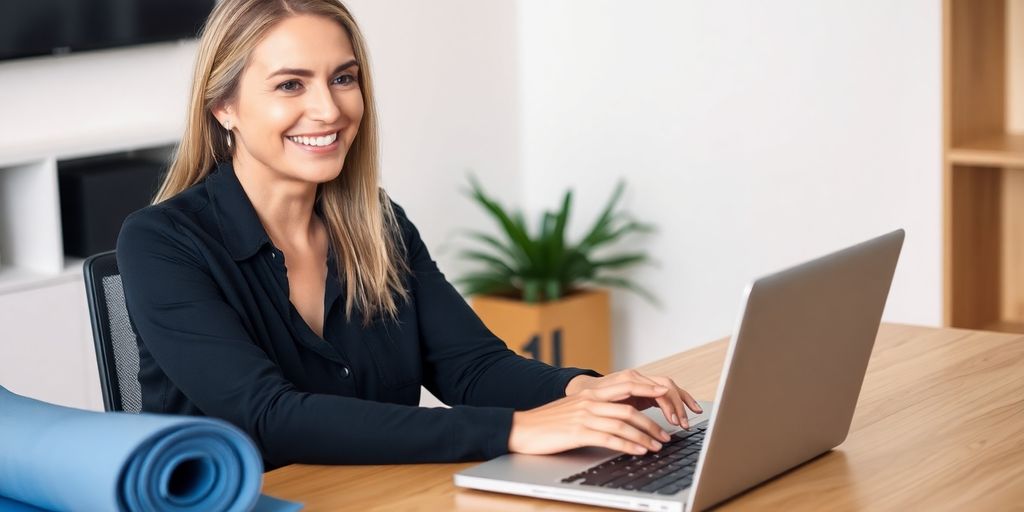 Woman smiling working on laptop near yoga mat.
