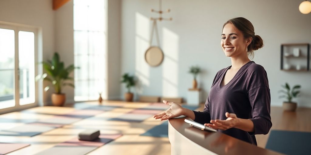 Yoga studio receptionist connecting digital tools.