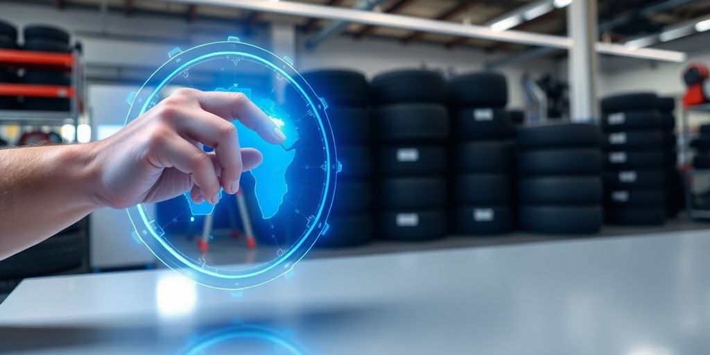 Tire shop owner smiling with AI assistant.