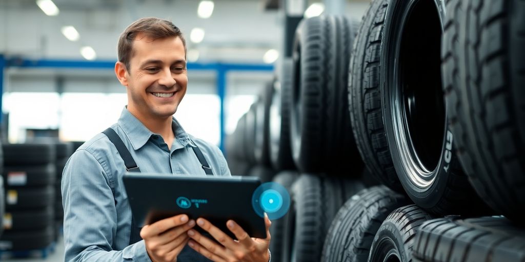Tire shop technician smiling and using a tablet.