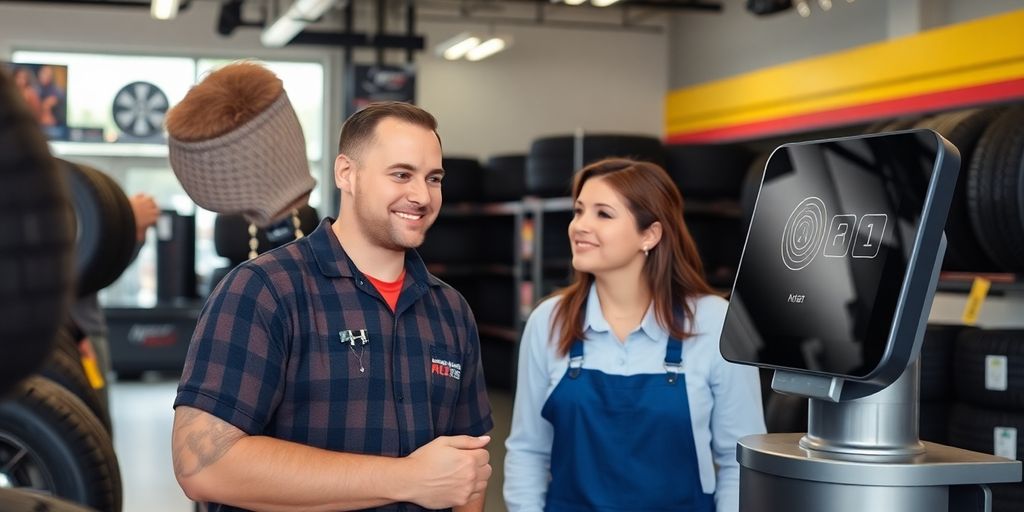Tire shop worker smiling next to AI answering service equipment.