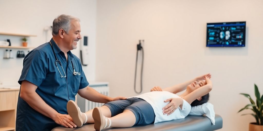 Physiotherapist interacting with a patient while an AI interface is subtly present.