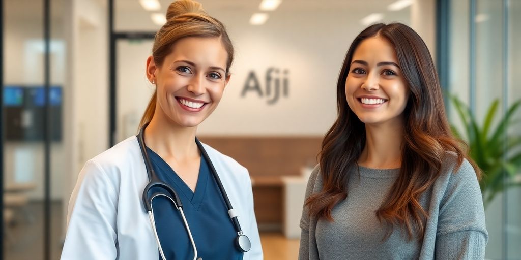 AI receptionist assisting happy patient.