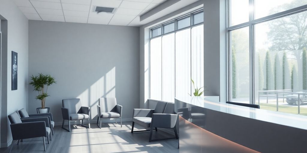 Physiotherapy clinic reception with AI virtual assistant.