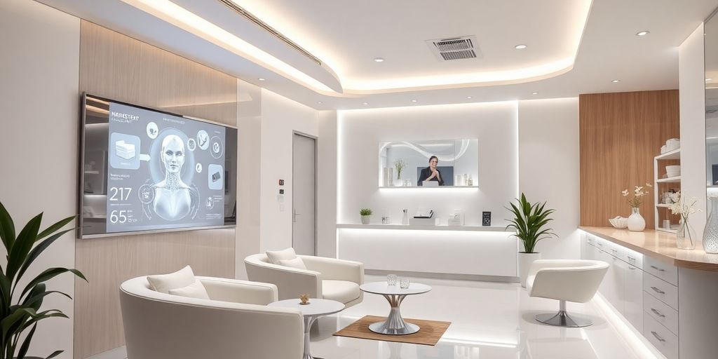Cosmetic clinic reception with AI virtual assistant.
