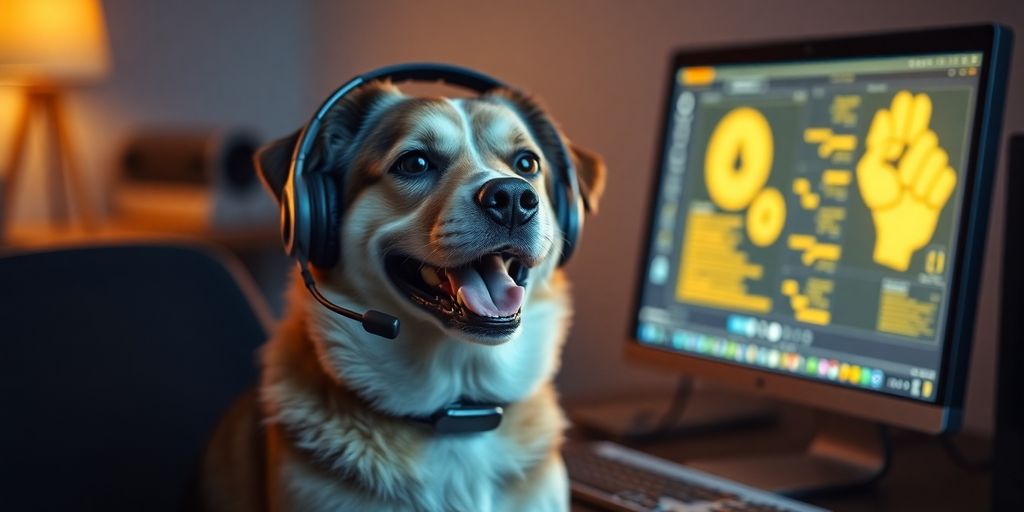 Dog at a computer with a headset.