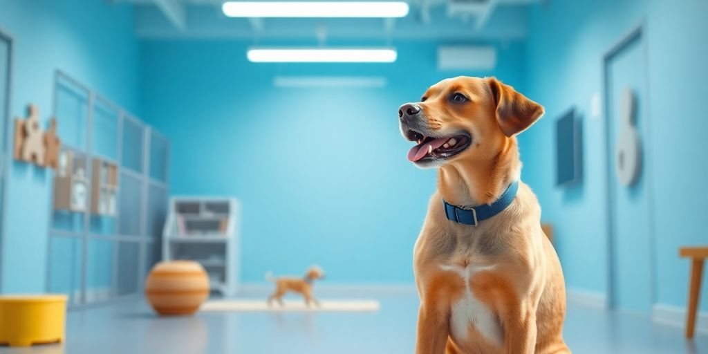 Happy dog at a daycare with a friendly AI robot.