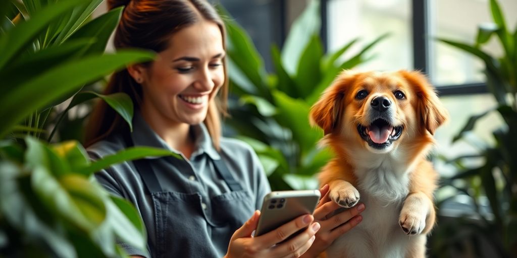 Dog daycare owner smiling with AI phone.