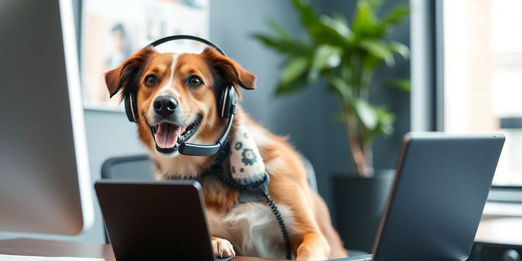 Dog at a desk talking on a phone.