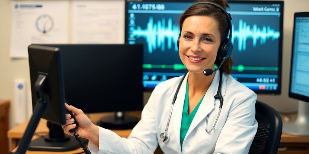 Veterinarian reviewing phone call recordings on a computer.