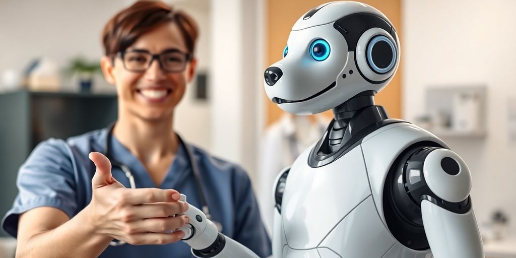 Veterinarian and AI robot shaking hands.