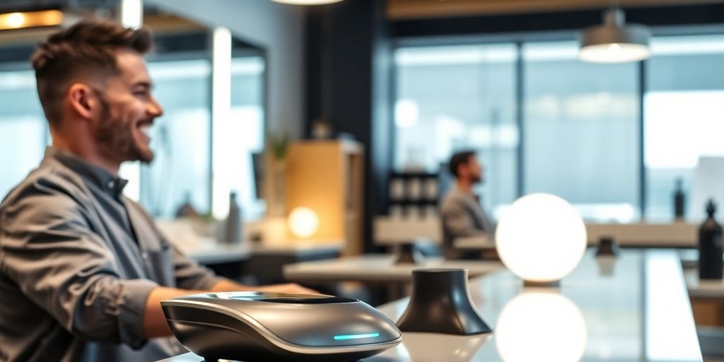 Barber at desk talking to client.