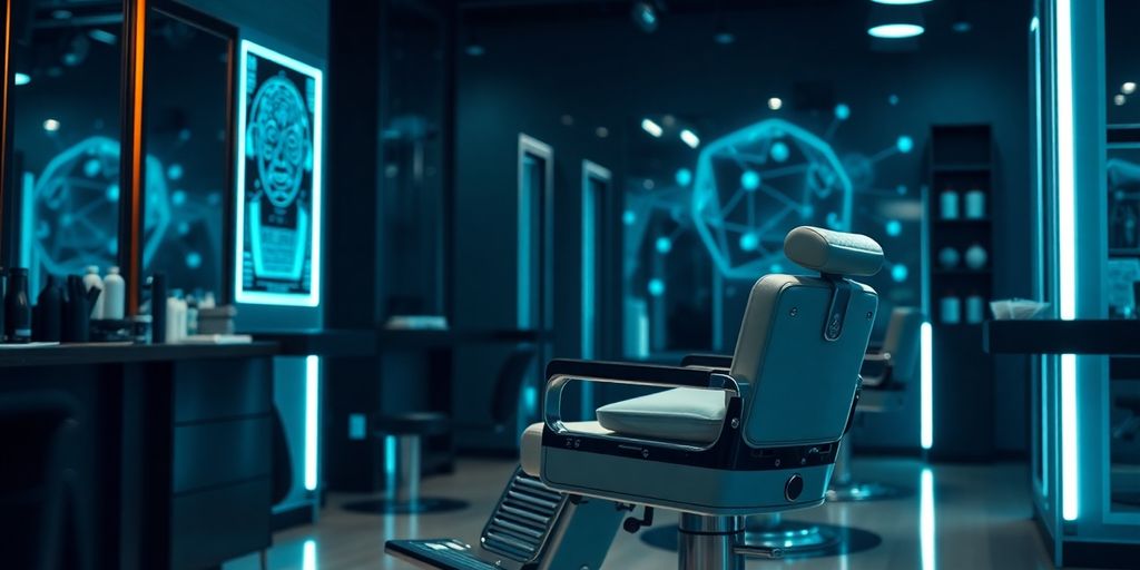 Barber chair with AI receptionist hologram.