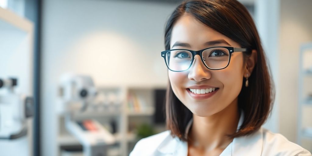Optometrist smiling with AI interface overlay.