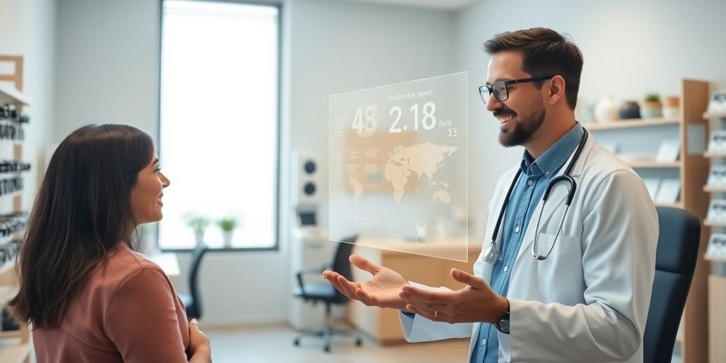 Optometrist smiling with AI assistant on screen.