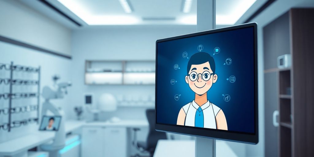 Optometrist using AI virtual receptionist on tablet screen.
