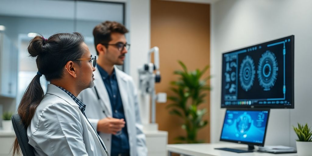 Optometrist using AI virtual receptionist for practice.