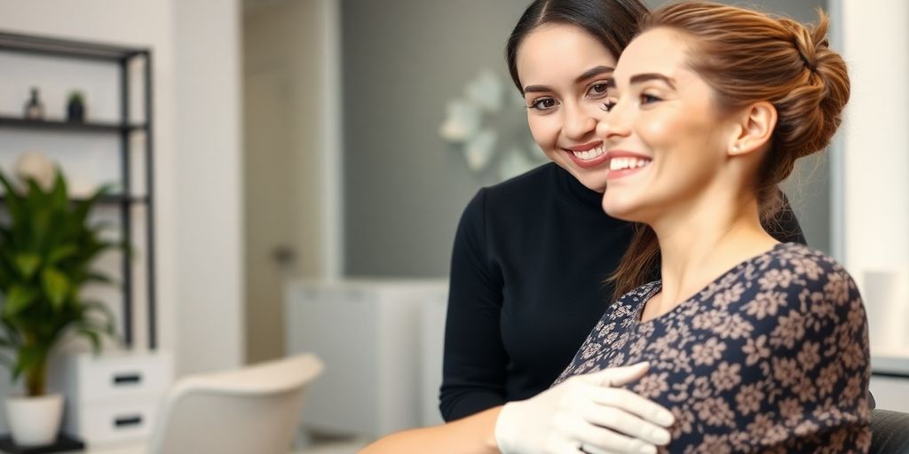 Lash artist smiling, talking to a client.