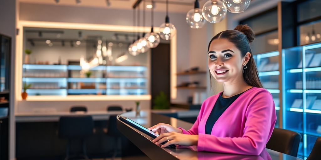 Lash artist interacting with AI receptionist.