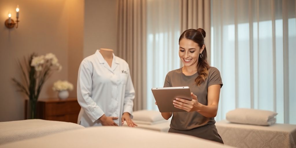 Massage therapist interacting with a modern computer.