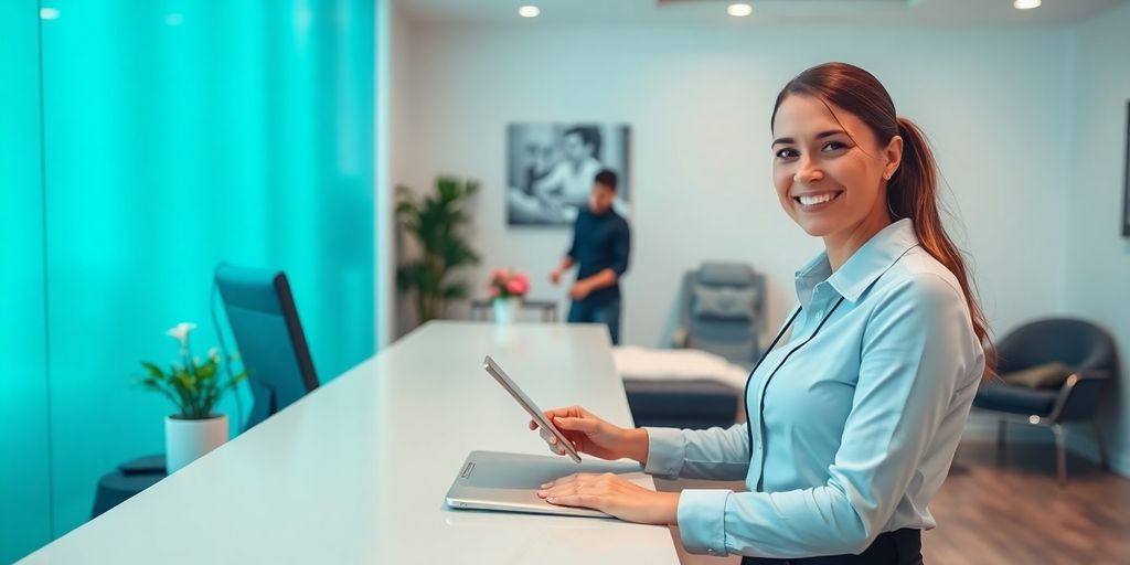Massage therapist working with AI virtual receptionist.