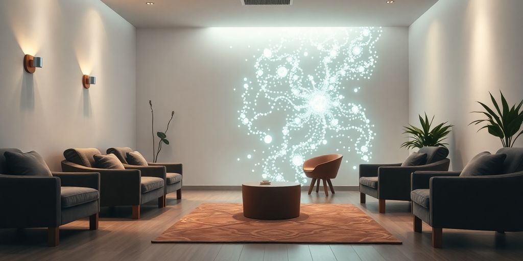 Calm clinic reception with a subtle AI interface.