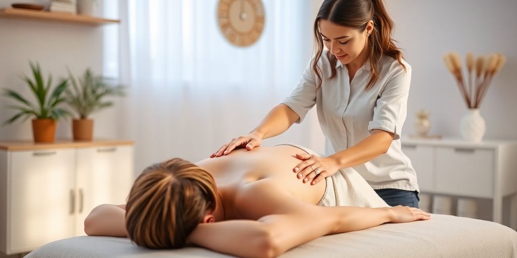 Massage therapist interacting with happy client.