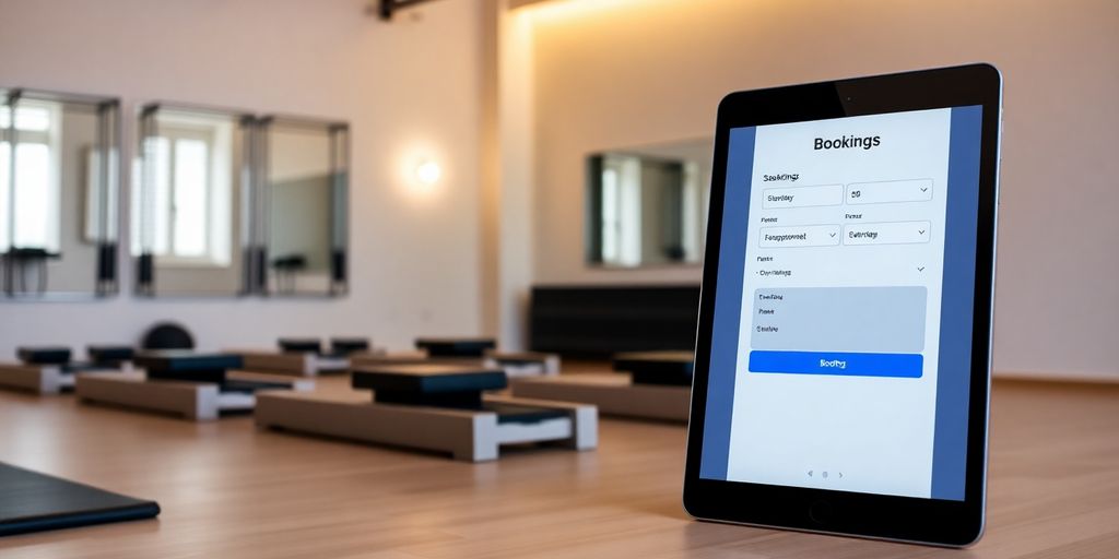 Pilates studio with virtual receptionist interface on screen.