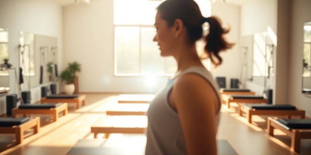 Pilates studio with happy clients and AI receptionist interface.