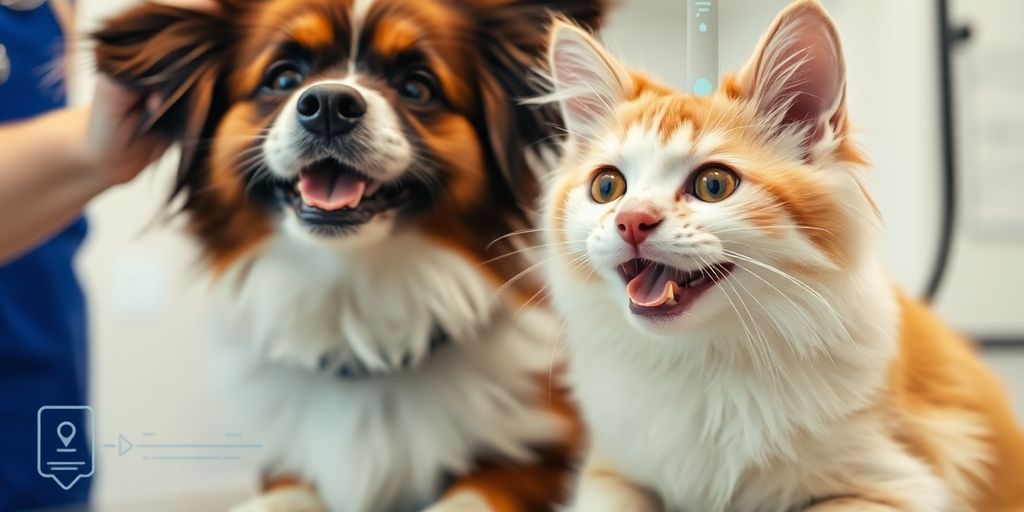 Dog and cat being groomed with a digital interface.