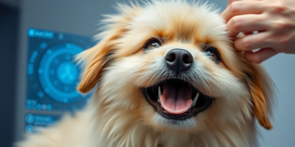 A friendly AI assistant interacting with a happy dog.