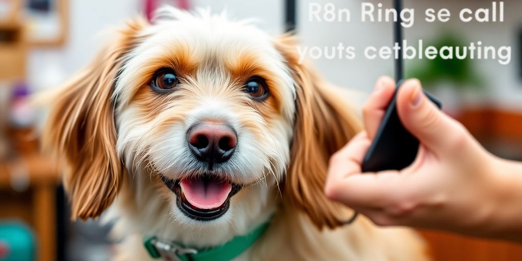 Groomer and happy dog with phone icon.
