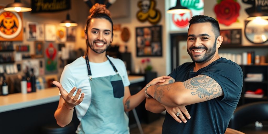 Tattoo artist interacting with a happy client.